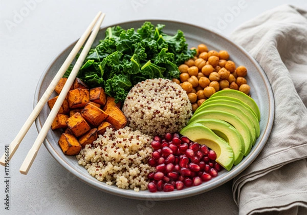 Fototapeta Close-Up of Colorful Vegan Buddha Bowl with Quinoa, Vegetables, and Avocado on Rustic Ceramic Plate