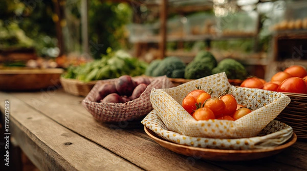 Fototapeta tomatoes in a wicker basket and other vagetable