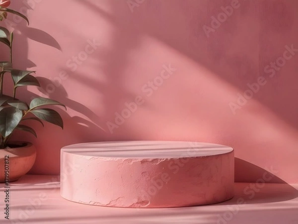 Fototapeta Stunning pink product display platform with elegant shadows and plant, ideal for showcasing cosmetics and beauty items in a modern, minimalist style