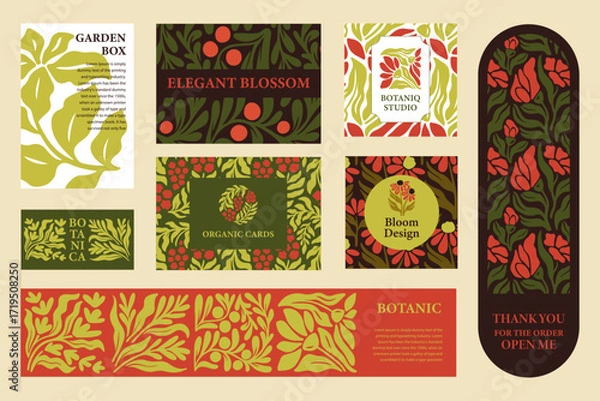 Fototapeta Abstract Banner and Card Templates, Posters with Wild Flower Drawing Elements and Seamless Patterns