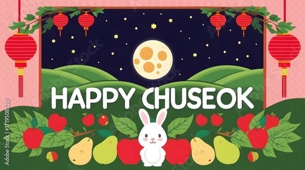 Fototapeta Happy chuseok harvest greeting with full moon and moon rabbit, cute bunny among apples and pears, red lanterns and starry night, korean autumn holiday illustration ideal for greeting cards and festive
