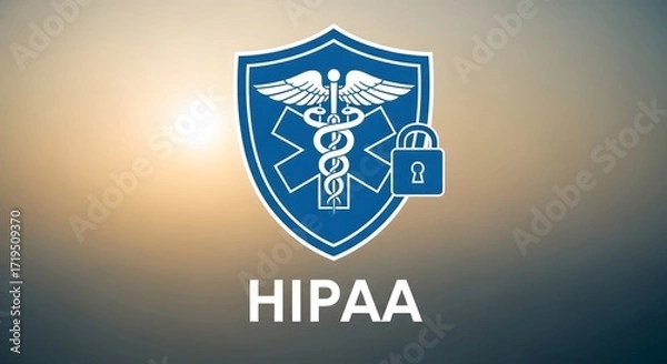 Fototapeta hippa compliance protected medical record information security caduceus symbol with lock against golden sunset health data regulations and confidentiality