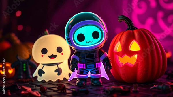 Fototapeta Charming and adorable Neon Vampires, Astronaut Ghosts, and Cyberpunk Pumpkins with cute, charming features, depicted with glowing bioluminescent colors and natural light effects