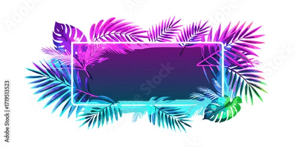 Obraz Tropical neon frames. Bright glowing leaves, cyber floral frame and leafs in neon lights vector background set. Neon frame tropical, palm leaf poster illustration .Palm neon leaves poster, vector 
