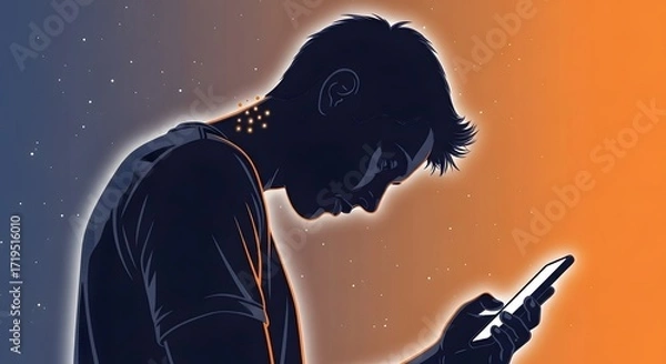 Fototapeta Person using mobile phone browsing social media late at night under dim light reflecting digital lifestyle perfect for technology blog