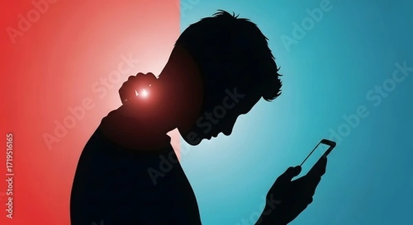 Fototapeta person using phone causing neck pain digital overuse leading to musculoskeletal issues poor posture technology addiction health risk well-being