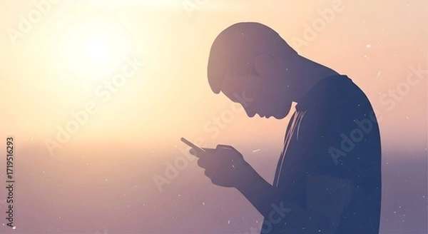 Fototapeta Person using smartphone engrossed in mobile device against a sunset symbolizing digital connection solitude and modern lifestyle trends.