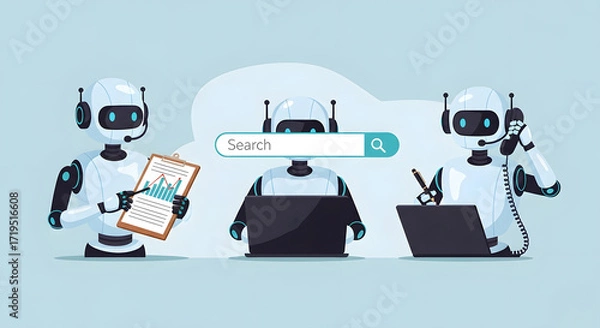 Fototapeta Robots using ai for data analytics customer support  online search showcasing automation  digital transformation in business operations.