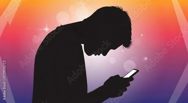 Fototapeta Silhouette of a person using a smartphone browsing social media indoors a modern connection illustrating digital lifestyle and mobile technology communication.