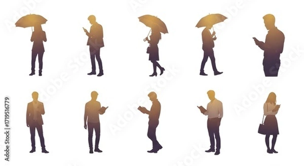 Fototapeta Silhouettes of people using devices under umbrellas depicting modern urban life and connectivity ideal for illustrating technology and social trends.
