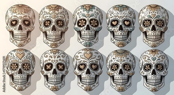 Fototapeta sugar skull pattern ornate calaveras in a vibrant repeating design for día de muertos showcasing traditional mexican folk art and cultural celebration