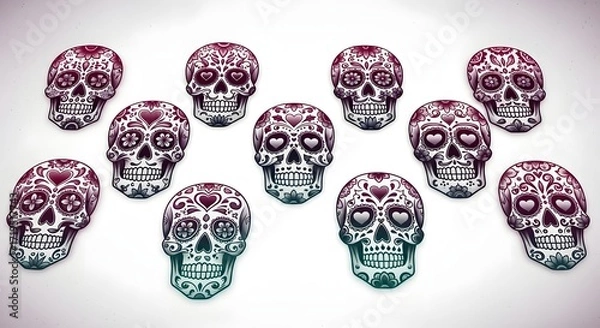 Fototapeta sugar skulls arrangement día de muertos inspired design art with heart-shaped eyes on a white surface perfect for cultural event posters and graphic designs