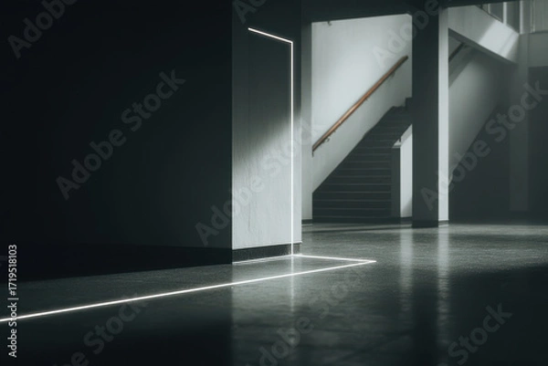 Fototapeta staircase illuminated by soft light featuring holographic evacuation route displayed clearly