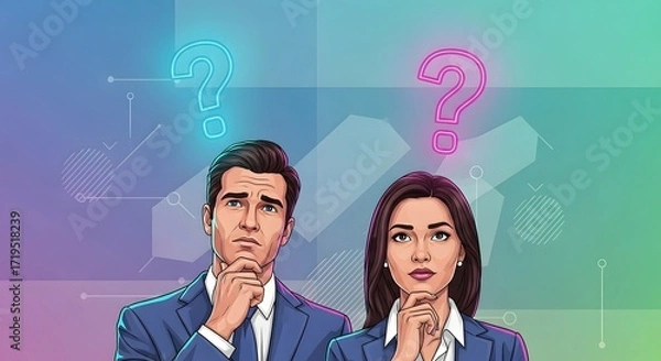 Fototapeta Thinking business partners pondering strategic decisions brainstorming innovative solutions in a futuristic office symbolizing teamwork and collaboration