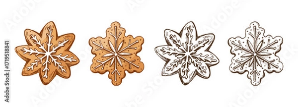 Fototapeta Hand drawn vintage sketch set of christmas gingerbread cookies snowflakes with white icing in color and monochrome vector illustration