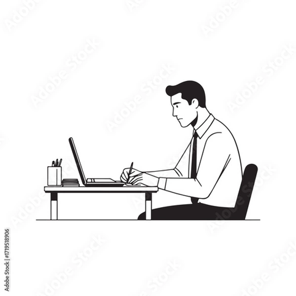 Obraz Black and white line art of a hardworking man at office desk with laptop and documents minimalist illustration