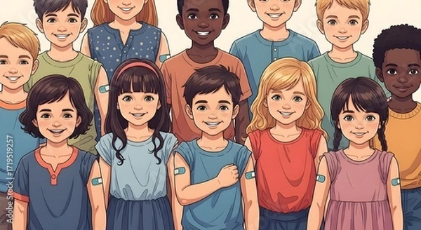 Fototapeta Vaccinated children smiling together showing bandages on their arms demonstrating child healthcare and immunization in a diverse group of kids
