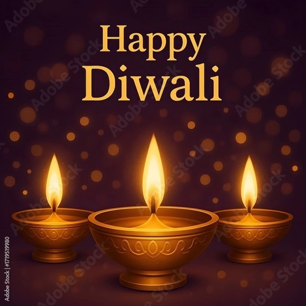 Fototapeta Golden diya lamps glowing on a dark purple background with bokeh lights with text Happy Diwali.