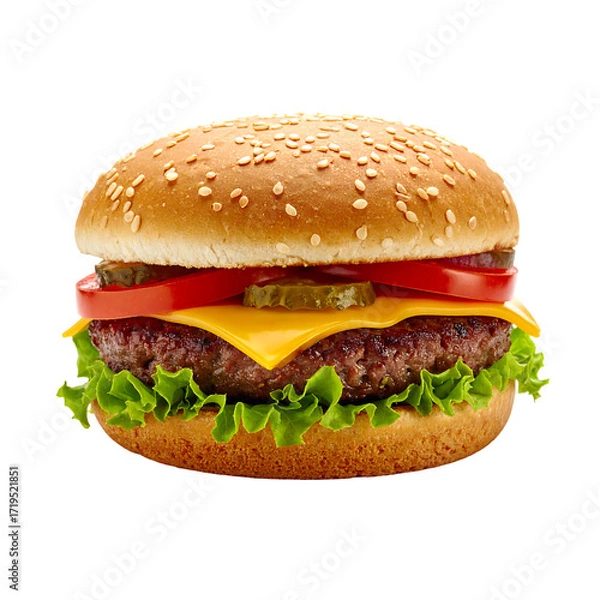 Fototapeta Juicy grilled beef patty, melted cheese, crisp lettuce, tomato slices, and pickles on a sesame seed bun (1)