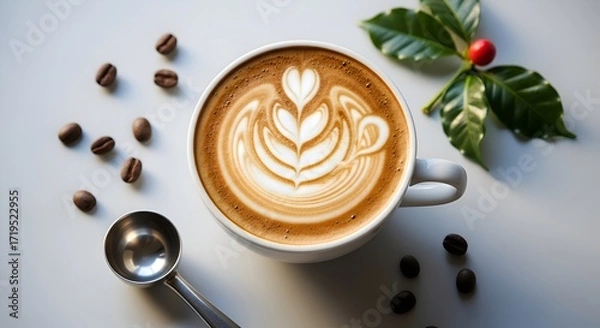 Fototapeta A cup of coffee with coffee concept decoration, clean background