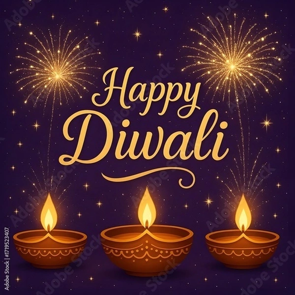 Fototapeta Deep purple background with stars, diyas, and sparkling fireworks with decorative text happy diwali.