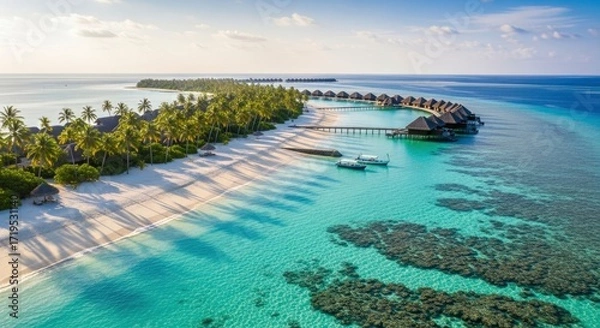 Fototapeta Tropical island resort with a long white sand beach fringed by palm trees numerous overwater bungalows connected by wooden jetties and clear turquoise ocean revealing coral reefs
