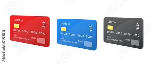 Fototapeta Realistic credit cards. Debit bank card mockup template for atm, nfc chip contactless payment digital money red blue black design world pay plastic set 3d vector illustration