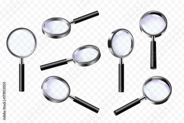 Fototapeta Realistic magnifying glass. 3d magnifier angles view, magnify lens for zoom focus effect vintage loupe detective spy equipment search paper document, set exact vector illustration
