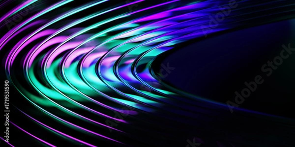 Fototapeta Neon light effect speed line glow circle ring. Abstract energy wave or magic trail flare in radiant colors with purple green gradient on dark blue 3d background. Futuristic technology. 3D illustration