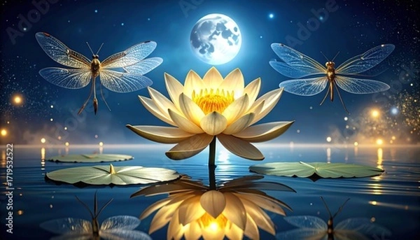 Fototapeta A luminous lotus blossom and dragonflies grace a tranquil night scene.