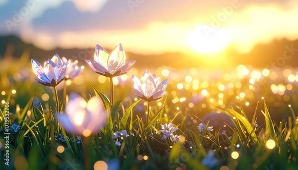 Fototapeta Delicate, translucent flowers bathed in golden sunlight, creating a serene and enchanting meadow scene at sunrise.