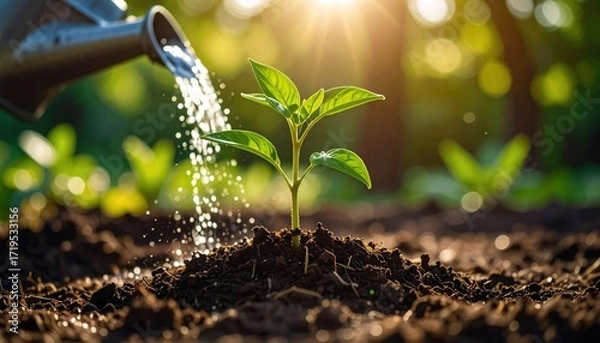 Fototapeta A young plant is watered by a watering can in the sunlight, showcasing the concept of growth and nurturing.