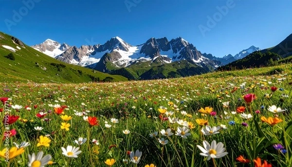 Fototapeta A vibrant meadow bursting with wildflowers of every hue, set against a backdrop of majestic snow-capped mountains under a clear, bright sky.