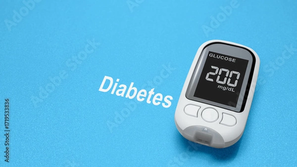 Fototapeta Glucometer with the glucose level on the screen with text of diabetes in a blue background. Copy space. Concept of diabetes or a healthy lifestyle