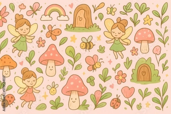 Obraz Seamless fairy garden cartoon pattern for kids with fairies, mushrooms, and butterflies in dreamy magical pastel colors for decor. Generative AI