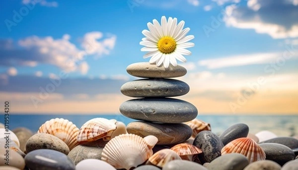 Fototapeta A tranquil scene of stacked stones, adorned with a delicate daisy, resting on a beach, showcasing the serene beauty of nature.