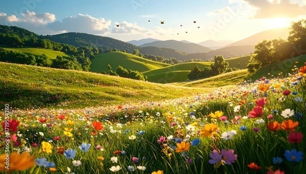 Fototapeta A vibrant meadow bursting with colorful wildflowers, set against rolling hills under a bright, sunny sky.
