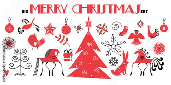 Fototapeta Christmas Folk Art Design collection set on white background. Mezen painting. Christmas graphic elements collection in scandinavian style