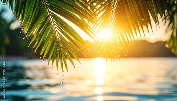 Fototapeta Golden sunset hues gleam through glistening palm leaves, casting a tranquil glow over tranquil water.