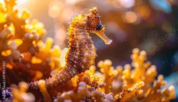 Fototapeta A captivating close-up of a tiny seahorse amidst vibrant coral and seaweed, bathed in golden sunlight, showcasing intricate details and a serene underwater scene.