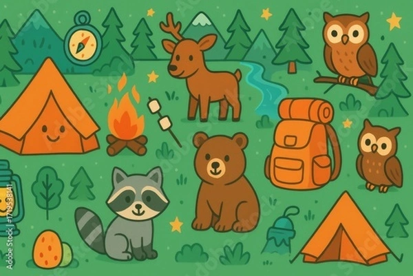 Obraz Seamless camping cartoon pattern for kids with tents, campfires, and animals in playful colors for adventurous outdoor-themed decor. Generative AI