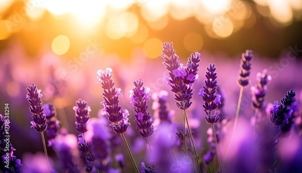 Fototapeta Vibrant purple lavender blooms stand out against a golden sunrise, showcasing a serene and beautiful field.