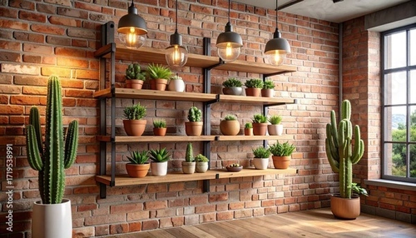 Fototapeta A wooden shelf unit with various succulents and cacti displays a modern industrial design against a brick wall.