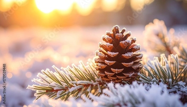 Fototapeta A frosty pine cone rests amongst snow-covered pine branches bathed in golden sunlight.