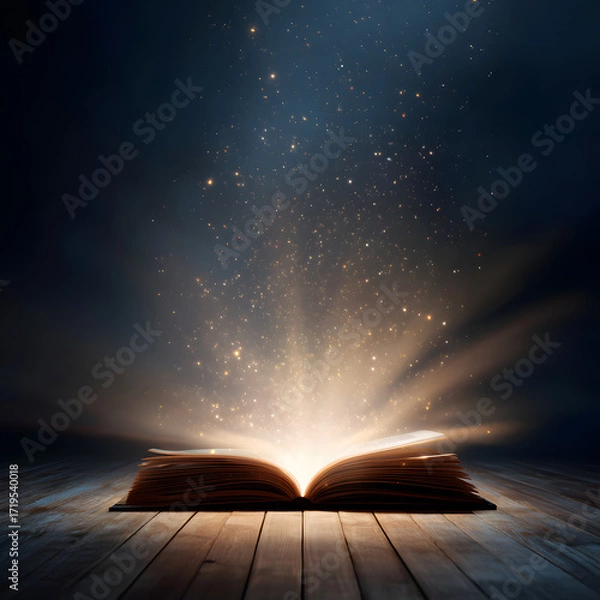 Fototapeta Open book glowing with light. Inspirational concept symbolizing knowledge and fantasy