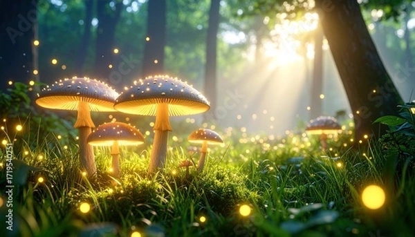 Fototapeta Illuminated mushrooms glow in a mystical forest glade, bathed in golden sunlight filtering through the trees.