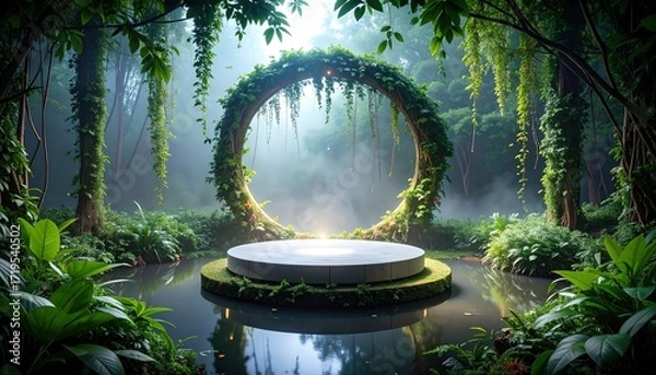 Fototapeta A lush, serene tropical forest setting featuring a circular stone platform surrounded by a tranquil pond and a verdant archway, bathed in soft, ethereal light.