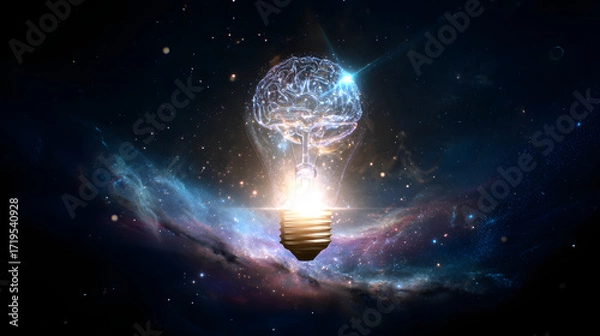 Fototapeta Brain and light bulb fusion floating in space. Concept image symbolizing knowledge, creativity, and future technology