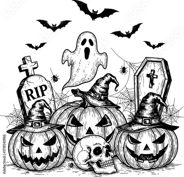 Fototapeta Detailed black and white illustration of a spooky Halloween scene with grinning jack-o-lanterns, a ghost, skull, bats, and tombstones