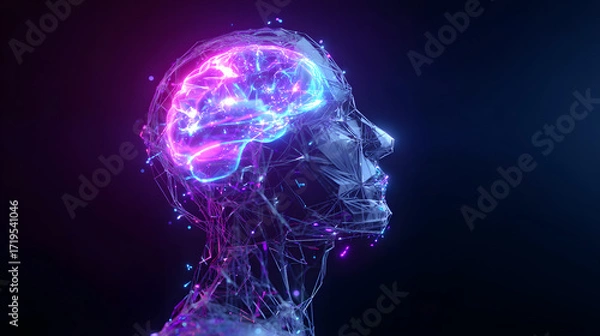 Fototapeta Glowing brain with digital human profile. Concept of AI and future technology